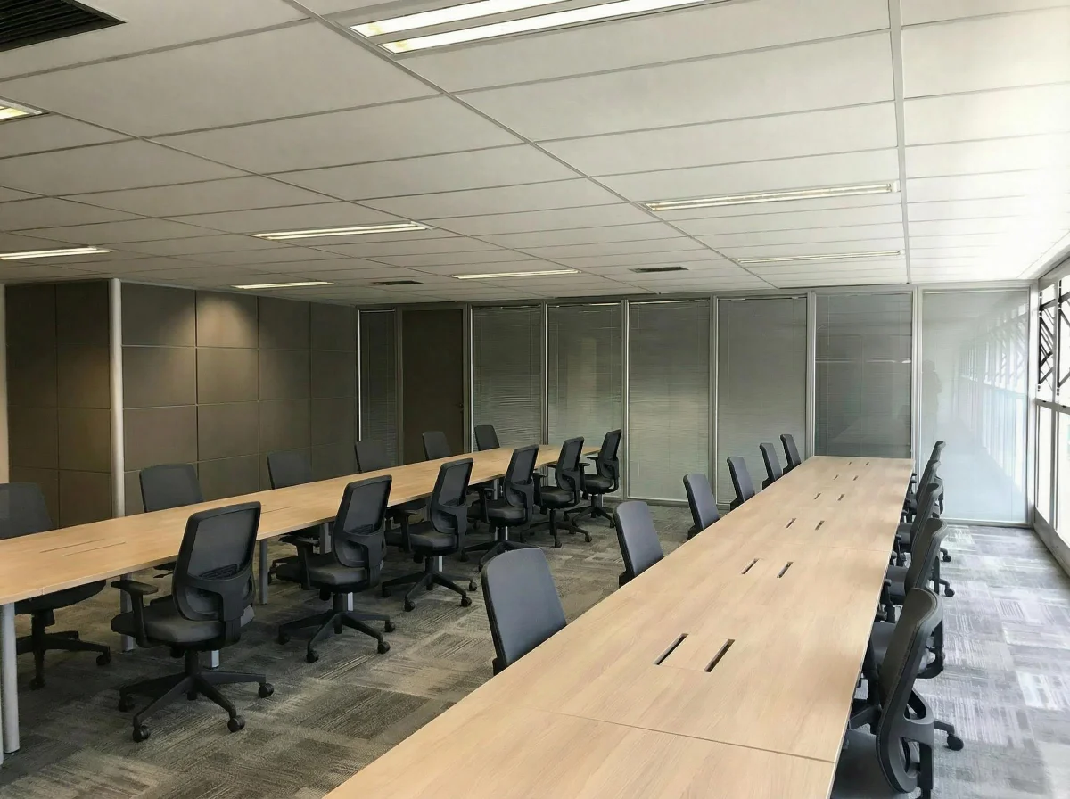 Projeto cooperativa com escritório modular e divisórias com persianas